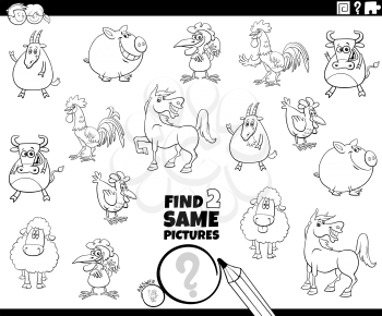 Black and White Cartoon Illustration of Finding Two Same Pictures Educational Task for Children with Farm Animal Characters Coloring Book Page