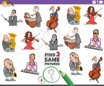 Cartoon Illustration of Finding Two Same Pictures Educational Task for Children with Musicians Characters