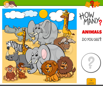 Illustration of Educational Counting Task for Children with Cartoon Wild Animal Characters