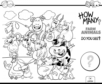 Black and White Illustration of Educational Counting Task for Children with Cartoon Farm Animal Characters Coloring Book