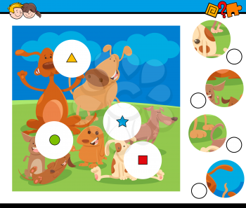 Cartoon Illustration of Educational Match the Pieces Jigsaw Puzzle Game for Children with Happy Dogs Animal Characters