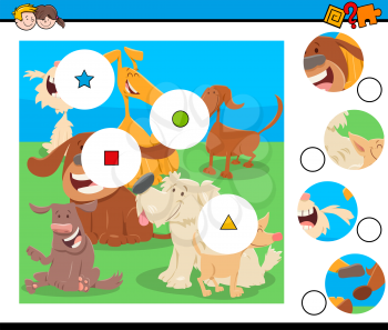 Cartoon Illustration of Educational Match the Pieces Jigsaw Puzzle Game for Children with Funny Dogs Animal Characters