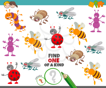Cartoon Illustration of Find One of a Kind Picture Educational Game with Funny Insects Animal Characters