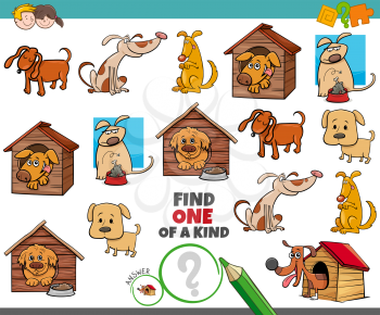 Cartoon Illustration of Find One of a Kind Picture Educational Game with Funny Dogs Pet Animal Characters