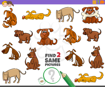 Cartoon Illustration of Finding Two Same Pictures Educational Activity Game for Children with Happy Dogs Pet Animal Characters