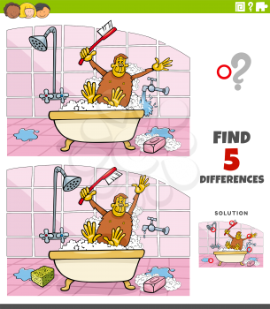 Cartoon illustration of finding the differences between pictures educational game for children with ape taking a bath