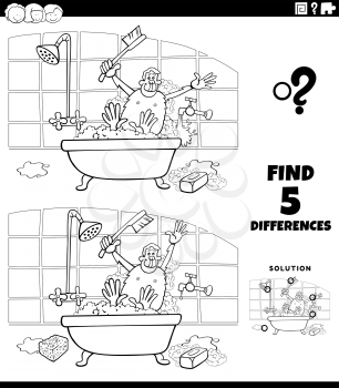 Black and white cartoon illustration of finding the differences between pictures educational game for children with ape taking a bath coloring book page