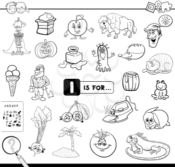 Black and White Cartoon Illustration of Finding Picture Starting with Letter I Educational Game Workbook for Children Coloring Book