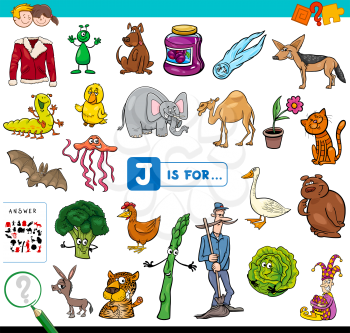 Cartoon Illustration of Finding Picture Starting with Letter J Educational Game Workbook for Children