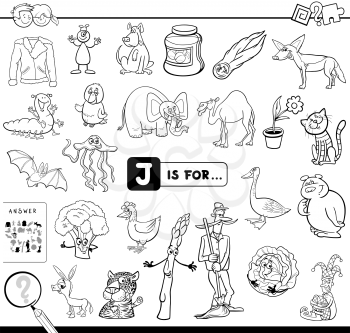 Black and White Cartoon Illustration of Finding Picture Starting with Letter J Educational Game Workbook for Children Coloring Book