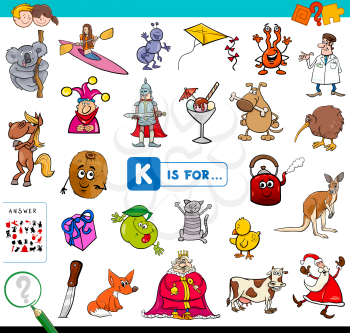 Cartoon Illustration of Finding Picture Starting with Letter K Educational Game Workbook for Children