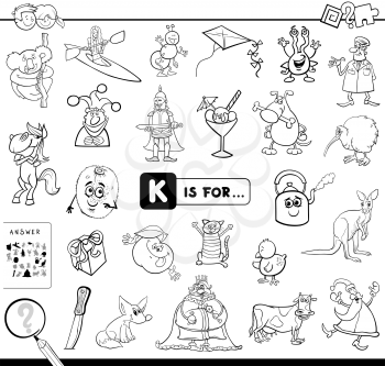 Black and White Cartoon Illustration of Finding Picture Starting with Letter K Educational Game Workbook for Children Coloring Book
