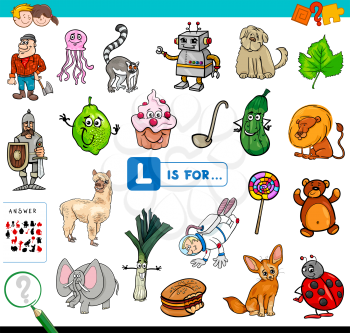 Cartoon Illustration of Finding Picture Starting with Letter L Educational Game Workbook for Children