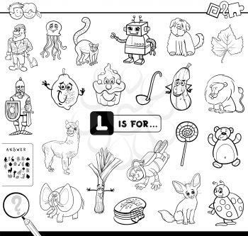 Black and White Cartoon Illustration of Finding Picture Starting with Letter L Educational Game Workbook for Children Coloring Book