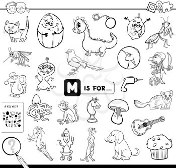 Black and White Cartoon Illustration of Finding Picture Starting with Letter M Educational Game Workbook for Children Coloring Book