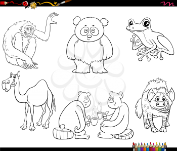 Black and white cartoon illustration of animals comic characters set coloring book page