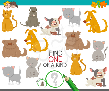 Cartoon Illustration of Find One of a Kind Picture Educational Activity Game with Cute Dogs and Cats Animal Characters
