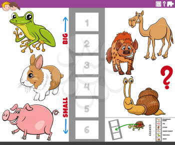 Cartoon illustration of educational game of finding the biggest and the smallest animal species with funny characters for children