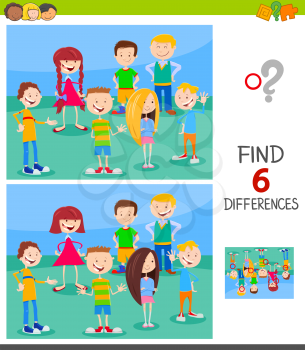 Cartoon Illustration of Finding Six Differences Between Pictures Educational Game for Children with Funny Kids or Teens Characters Group
