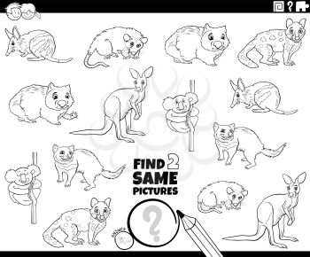 Black and White Cartoon Illustration of Finding Two Same Pictures Educational Game for Children with Wild Animal Characters Coloring Book Page