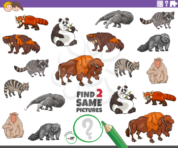 Cartoon Illustration of Finding Two Same Pictures Educational Task for Children with Funny Wild Animal Characters