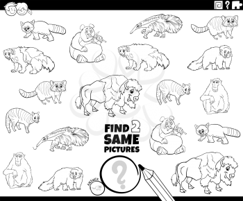 Black and White Cartoon Illustration of Finding Two Same Pictures Educational Task for Children with Funny Wild Animal Characters Coloring Book Page