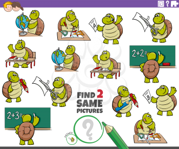 Cartoon Illustration of Finding Two Same Pictures Educational Game for Children with Pupil Turtle Characters