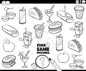 Black and White Cartoon Illustration of Finding Two Same Pictures Educational Task for Children with Food Objects Coloring Book Page