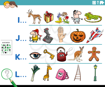 Cartoon Illustration of Finding Pictures Starting with Referred Letter Educational Task Worksheet for Preschool or Elementary School Kids