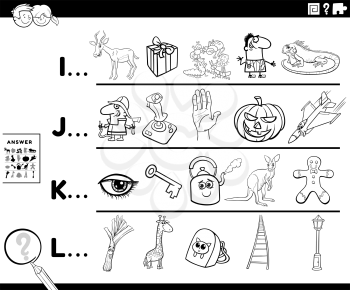 Black and White Cartoon Illustration of Finding Pictures Starting with Referred Letter Educational Task Worksheet for Preschool or Elementary School Kids Coloring Book Page