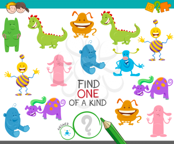 Cartoon Illustration of Find One of a Kind Picture Educational Activity Game with Cute Monsters or Aliens Fantasy Characters
