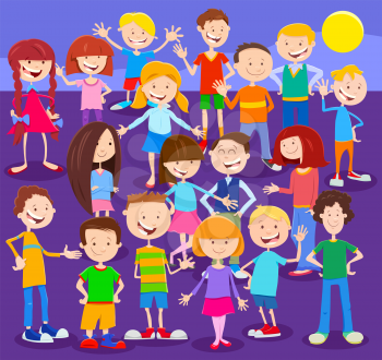 Cartoon Illustration of Happy Elementary Age Kids or Teenager Characters Large Group