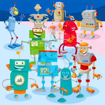 Cartoon Illustration of Funny Robots or Droids Fantasy or Science Fiction Characters Large Group