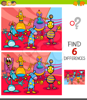 Cartoon Illustration of Finding Six Differences Between Pictures Educational Game for Children with Happy Fantasy Creatures
