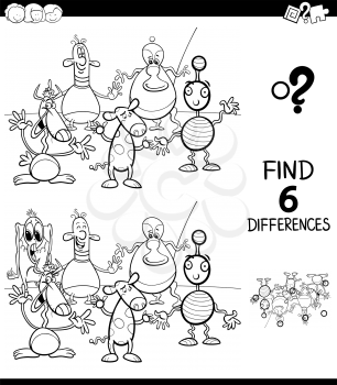 Black and White Cartoon Illustration of Finding Six Differences Between Pictures Educational Game for Children with Happy Fantasy Creatures Coloring Book