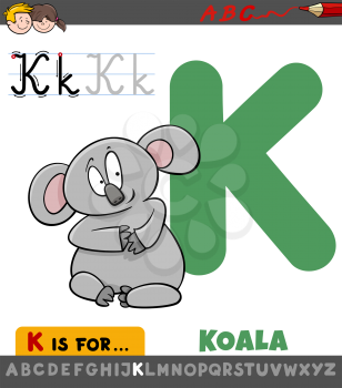 Educational Cartoon Illustration of Letter K from Alphabet with Koala Bear Animal for Children 