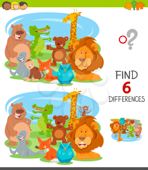 Cartoon Illustration of Finding Six Differences Between Pictures Educational Game for Children with Funny Wild Animal Characters Group
