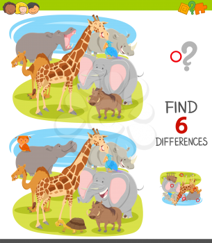 Cartoon Illustration of Finding Six Differences Between Pictures Educational Game for Kids with Funny Wild Animal Characters Group