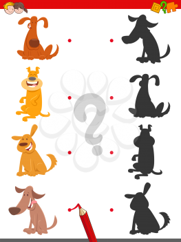 Cartoon Illustration of Find the Shadow Educational Game for Children with Cute Dogs and Puppies