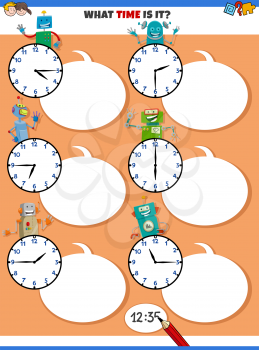 Cartoon Illustrations of Telling Time Educational Activity with Clock Face and Funny Robots Fantasy Characters
