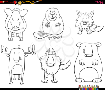 Black and White Cartoon Illustration of Funny Wild Animals Comic Characters Collection Coloring Book Page