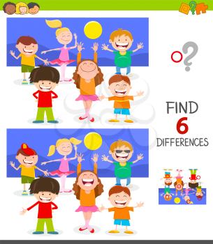 Cartoon Illustration of Finding Six Differences Between Pictures Educational Game for Children with Happy Kids Characters Group