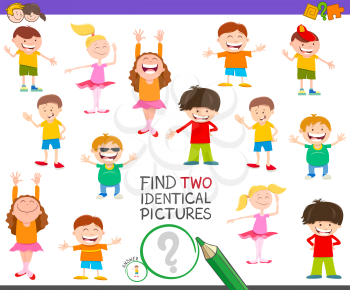 Cartoon Illustration of Finding Two Identical Pictures Educational Activity Game for Kids with Funny Children and Teens Characters