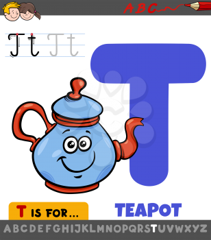 Educational Cartoon Illustration of Letter T from Alphabet with Comic Teapot for Children 