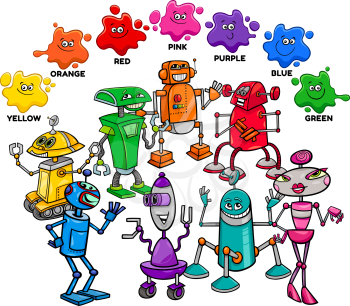 Educational Cartoon Illustration of Basic Colors with Robots and Droids Characters Group
