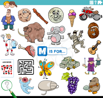 Cartoon Illustration of Finding Picture Starting with Letter M Educational Task Worksheet for Children with Objects and Comic Characters