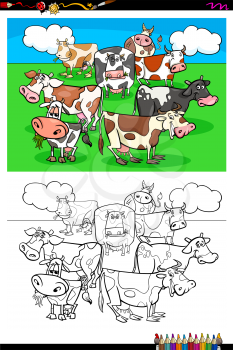 Cartoon Illustration of Funny Cows Farm Animal Characters Coloring Book Activity