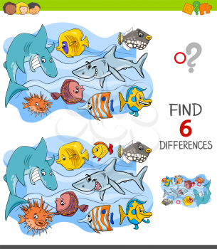 Cartoon Illustration of Finding Six Differences Between Pictures Educational Game for Children with Happy Fish in the Water