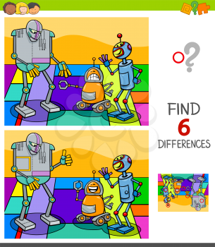 Cartoon Illustration of Finding Six Differences Between Pictures Educational Game for Children with Funny Robots Characters