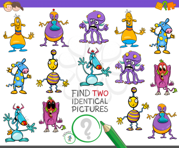 Cartoon Illustration of Finding Two Identical Pictures Educational Game for Children with Monsters or Alien Characters